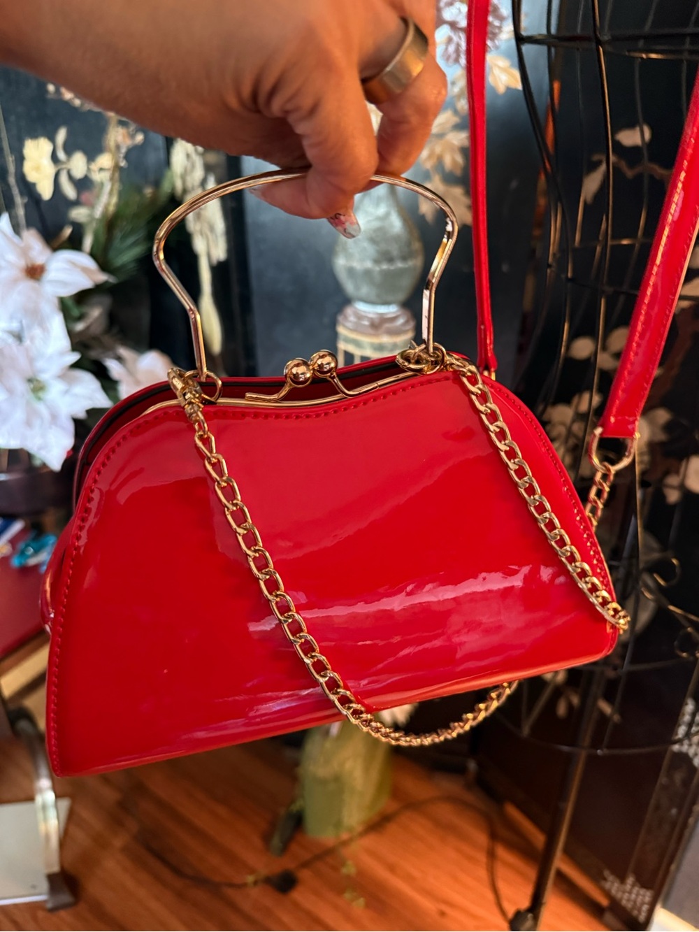 Red Patent Mini Satchel with Gold Chain Handle
